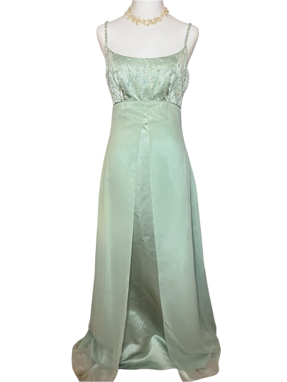 Vintage Mint Green Beaded Satin Maxi Dress
